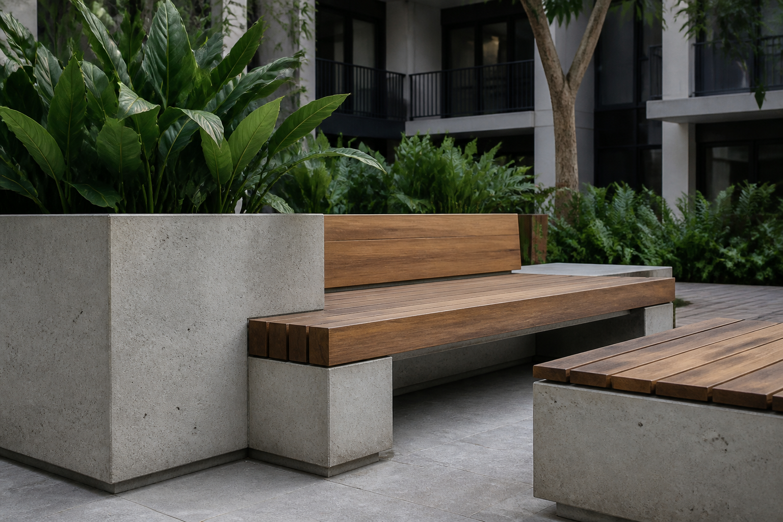 Detalhe de banco e jardineira modular em concreto e madeira