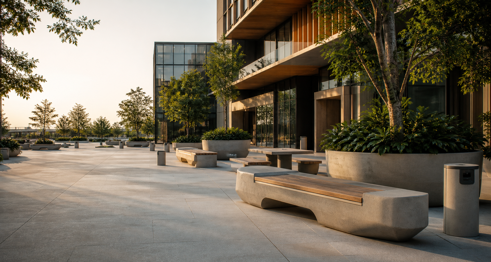 Praça contemporânea com bancos, mesas, jardineiras e lixeiras em concreto