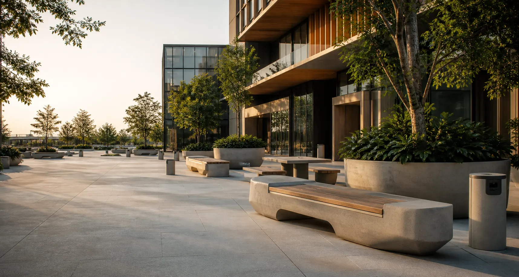 Praça contemporânea com bancos, mesas, jardineiras e lixeiras em concreto