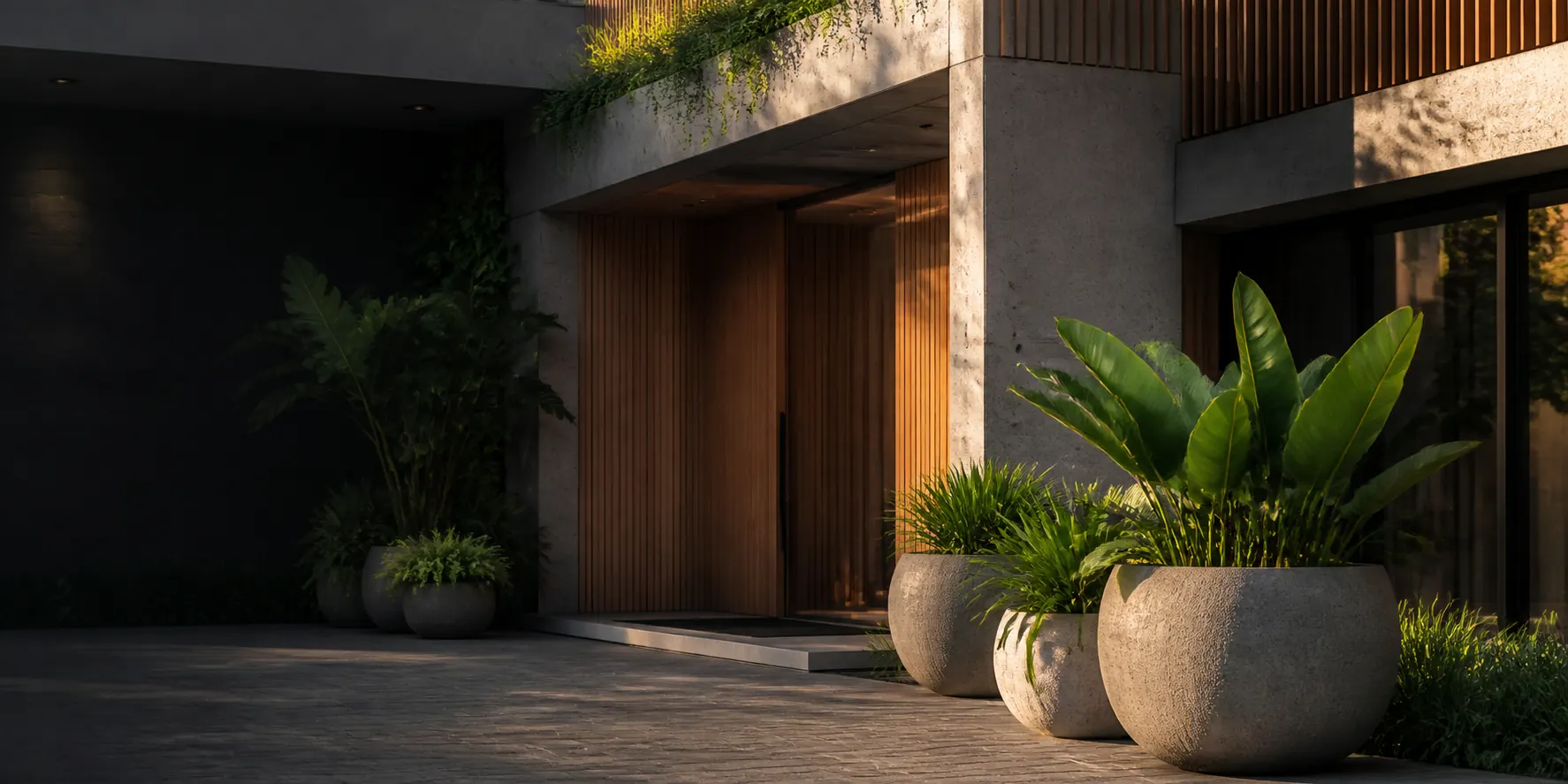 Casa contemporânea com vasos de concreto em projeto paisagístico
