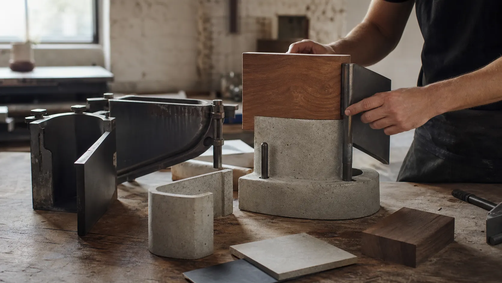 Processo artesanal combinando concreto, madeira e metal