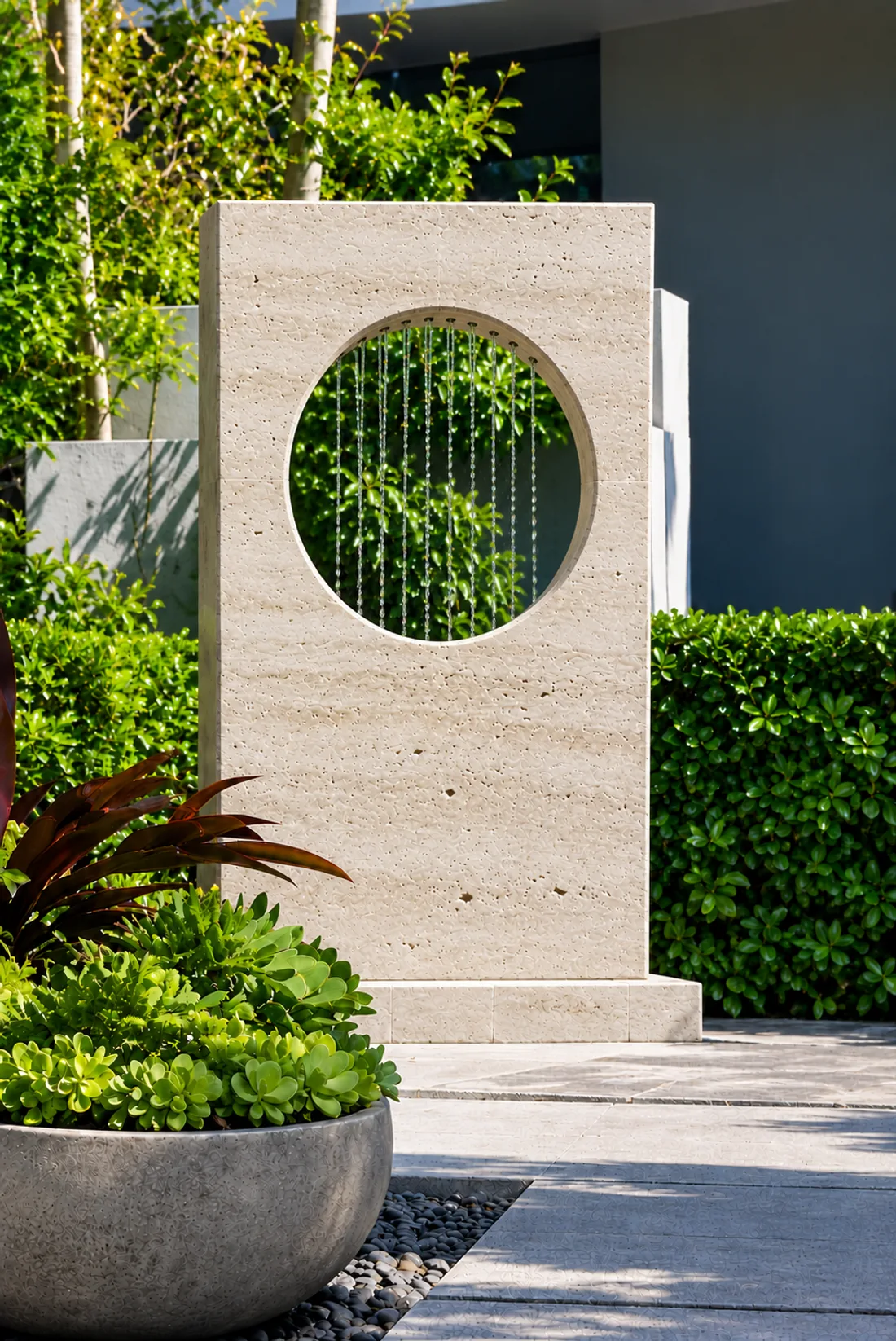 Painel de concreto claro com abertura circular por onde cai uma cortina de fios de água, em um jardim com vasos e plantas